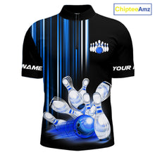 Load image into Gallery viewer, Black and blue light Men bowling Polo, Quarter Zip Shirt Custom bowling ball and pins Team jerseys NQS9829