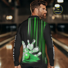 Load image into Gallery viewer, Black and Green light Men bowling Polo, Quarter Zip Shirt Custom bowling ball and pins Team jerseys NQS9830