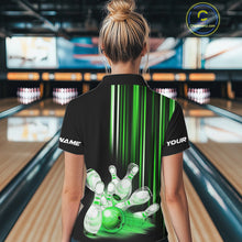 Load image into Gallery viewer, Black and Green light Women bowling Polo, Quarter Zip Shirt Custom bowling ball and pins Team jerseys NQS9830