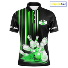 Load image into Gallery viewer, Black and Green light Men bowling Polo, Quarter Zip Shirt Custom bowling ball and pins Team jerseys NQS9830