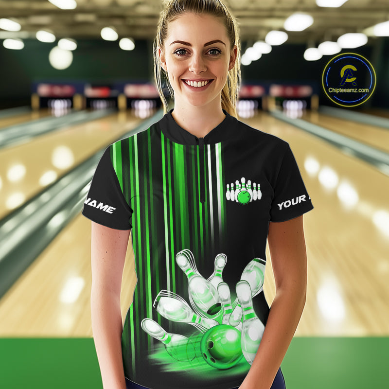 Black and Green light Women bowling Polo, Quarter Zip Shirt Custom bowling ball and pins Team jerseys NQS9830