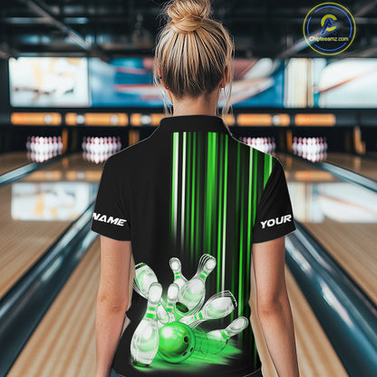 Black and Green light Women bowling Polo, Quarter Zip Shirt Custom bowling ball and pins Team jerseys NQS9830