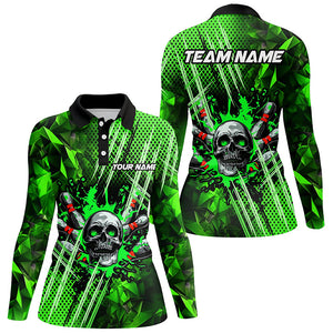 Green bowling pattern skull Women bowling Polo, Quarter Zip shirts Custom Bowling Team League Jerseys NQS7751