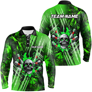 Green bowling pattern skull Men bowling Polo, Quarter Zip shirts Custom Bowling Team League Jerseys NQS7751