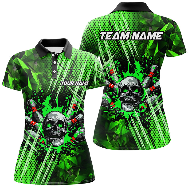 Green bowling pattern skull Women bowling Polo, Quarter Zip shirts Custom Bowling Team League Jerseys NQS7751