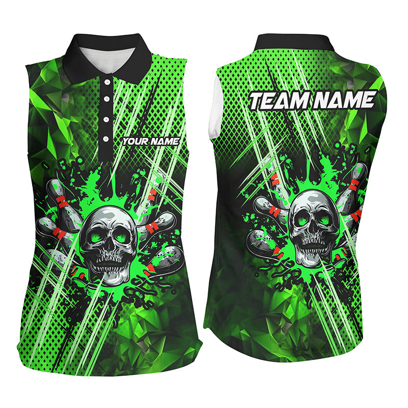 Green bowling pattern skull Women bowling Sleeveless Polo shirts Custom Bowling Team League Jerseys NQS7751