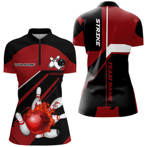 Black and Red Flame Bowling Jerseys Women Strike Bowling Custom Bowling Polo, Quarter-Zip Shirts NQS7752