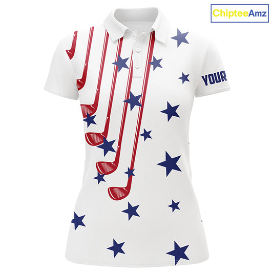 Personalized white golf clubs polos shirt for women American flag 4th July patriotic ladies golf tops NQS7758