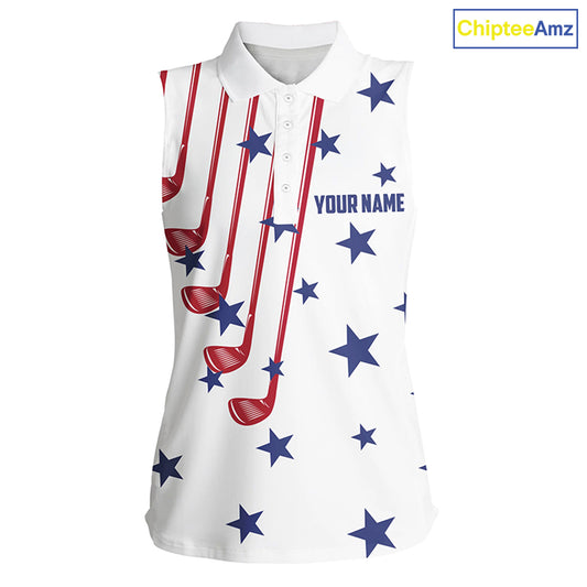 Personalized white sleeveless polo shirt for women American flag golf clubs 4th July ladies golf tops NQS7758