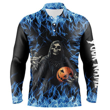 Load image into Gallery viewer, Blue flame Halloween Skull Bowling custom Mens Bowling Polo, Quarter Zip Shirts, team bowling jerseys NQS8184