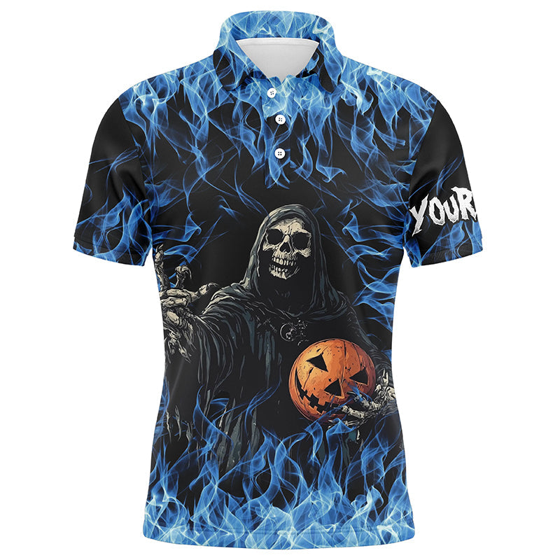 Blue flame Halloween Skull Bowling custom Mens Bowling Polo, Quarter Zip Shirts, team bowling jerseys NQS8184