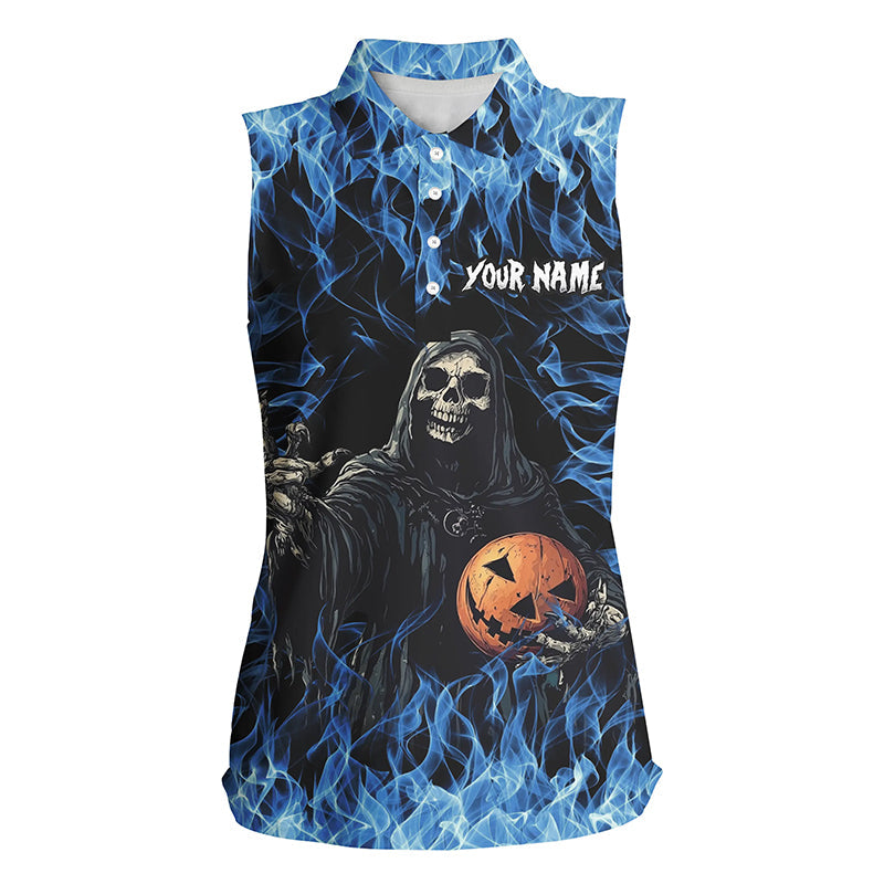Blue flame Halloween Skull Bowling custom Women sleeveless Polo Shirt, team bowling jerseys NQS8184