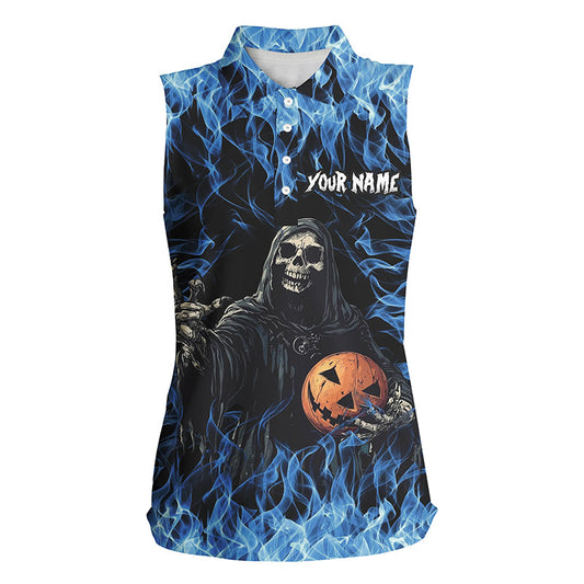 Blue flame Halloween Skull Bowling custom Women sleeveless Polo Shirt, team bowling jerseys NQS8184