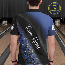 Load image into Gallery viewer, Black and Blue Glitter Flower Bowling Polo, Quarter Zip Shirt for Men Custom Bowling Team Jerseys NQS10383