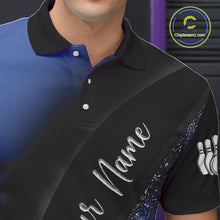 Load image into Gallery viewer, Black and Blue Glitter Flower Bowling Polo, Quarter Zip Shirt for Men Custom Bowling Team Jerseys NQS10383