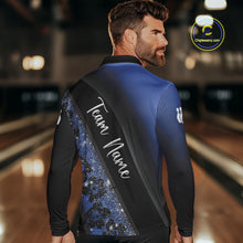 Load image into Gallery viewer, Black and Blue Glitter Flower Bowling Polo, Quarter Zip Shirt for Men Custom Bowling Team Jerseys NQS10383