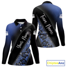 Load image into Gallery viewer, Black and Blue Glitter Flower Bowling Polo, Quarter Zip Shirt for Women Custom Bowling Team Jerseys NQS10383