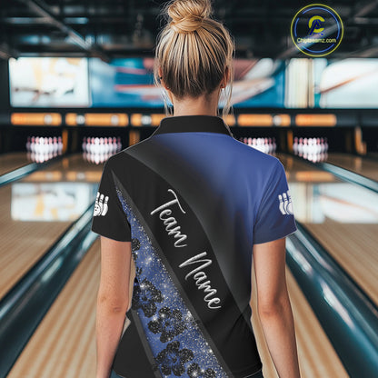 Black and Blue Glitter Flower Bowling Polo, Quarter Zip Shirt for Women Custom Bowling Team Jerseys NQS10383