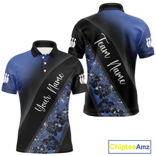 Black and Blue Glitter Flower Bowling Polo, Quarter Zip Shirt for Men Custom Bowling Team Jerseys NQS10383