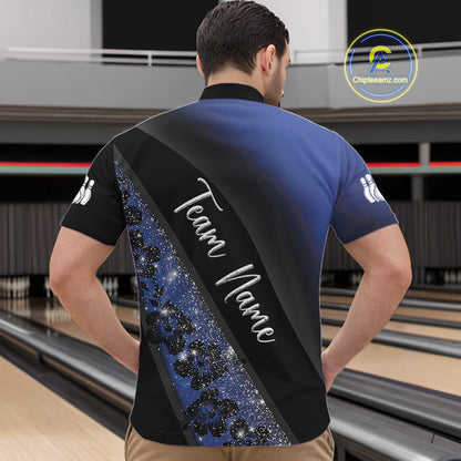 Black and Blue Glitter Flower Bowling Polo, Quarter Zip Shirt for Men Custom Bowling Team Jerseys NQS10383