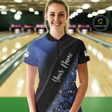 Load image into Gallery viewer, Black and Blue Glitter Flower Bowling Polo, Quarter Zip Shirt for Women Custom Bowling Team Jerseys NQS10383