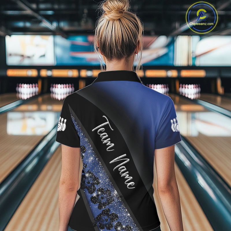 Black and Blue Glitter Flower Bowling Polo, Quarter Zip Shirt for Women Custom Bowling Team Jerseys NQS10383