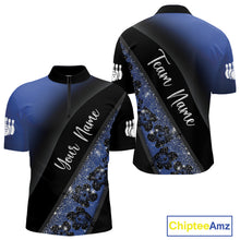 Load image into Gallery viewer, Black and Blue Glitter Flower Bowling Polo, Quarter Zip Shirt for Men Custom Bowling Team Jerseys NQS10383