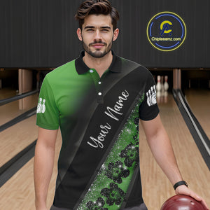 Black and Green Glitter Flower Bowling Polo, Quarter Zip Shirt for Men Custom Bowling Team Jerseys NQS10384