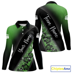 Black and Green Glitter Flower Bowling Polo, Quarter Zip Shirt for Women Custom Bowling Team Jerseys NQS10384