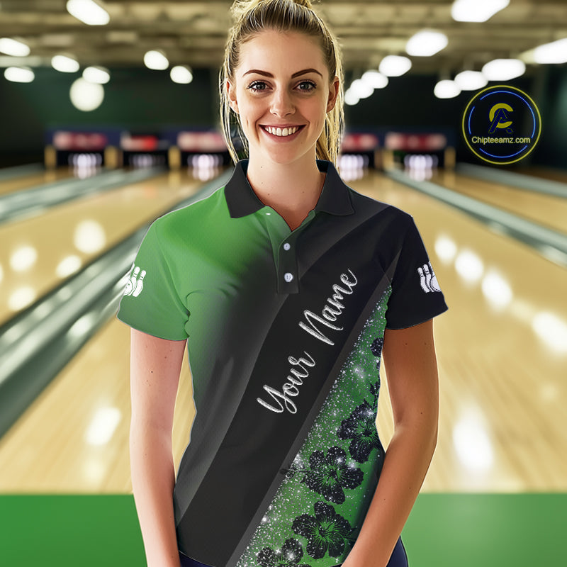 Black and Green Glitter Flower Bowling Polo, Quarter Zip Shirt for Women Custom Bowling Team Jerseys NQS10384
