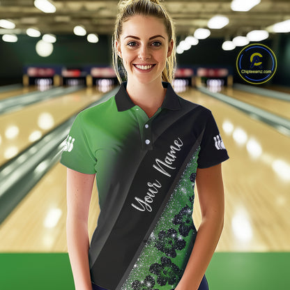 Black and Green Glitter Flower Bowling Polo, Quarter Zip Shirt for Women Custom Bowling Team Jerseys NQS10384