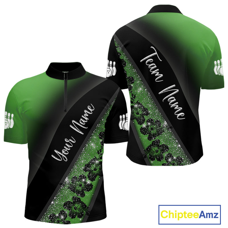 Black and Green Glitter Flower Bowling Polo, Quarter Zip Shirt for Men Custom Bowling Team Jerseys NQS10384