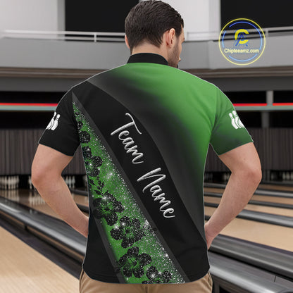 Black and Green Glitter Flower Bowling Polo, Quarter Zip Shirt for Men Custom Bowling Team Jerseys NQS10384