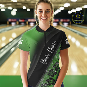 Black and Green Glitter Flower Bowling Polo, Quarter Zip Shirt for Women Custom Bowling Team Jerseys NQS10384