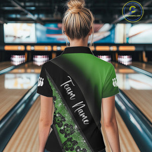 Black and Green Glitter Flower Bowling Polo, Quarter Zip Shirt for Women Custom Bowling Team Jerseys NQS10384