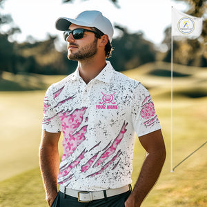 Pink ribbon white grunge pattern Mens golf polo shirt custom breast cancer awareness mens golf top NQS10386