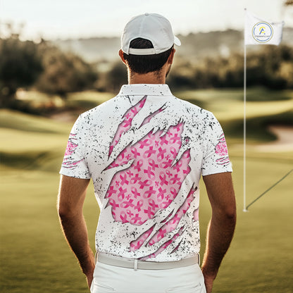 Pink ribbon white grunge pattern Mens golf polo shirt custom breast cancer awareness mens golf top NQS10386