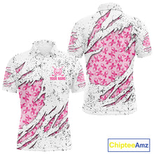 Load image into Gallery viewer, Pink ribbon white grunge pattern Mens golf polo shirt custom breast cancer awareness mens golf top NQS10386