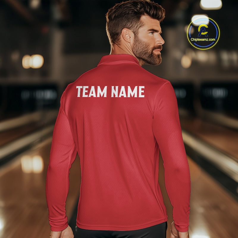 Red and black retro vintage Bowling polo, quarter zip shirts for men custom Bowling team jerseys NQS10385
