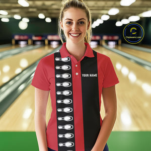 Red and black retro vintage Bowling polo, quarter zip shirts for Women custom Bowling team jerseys NQS10385