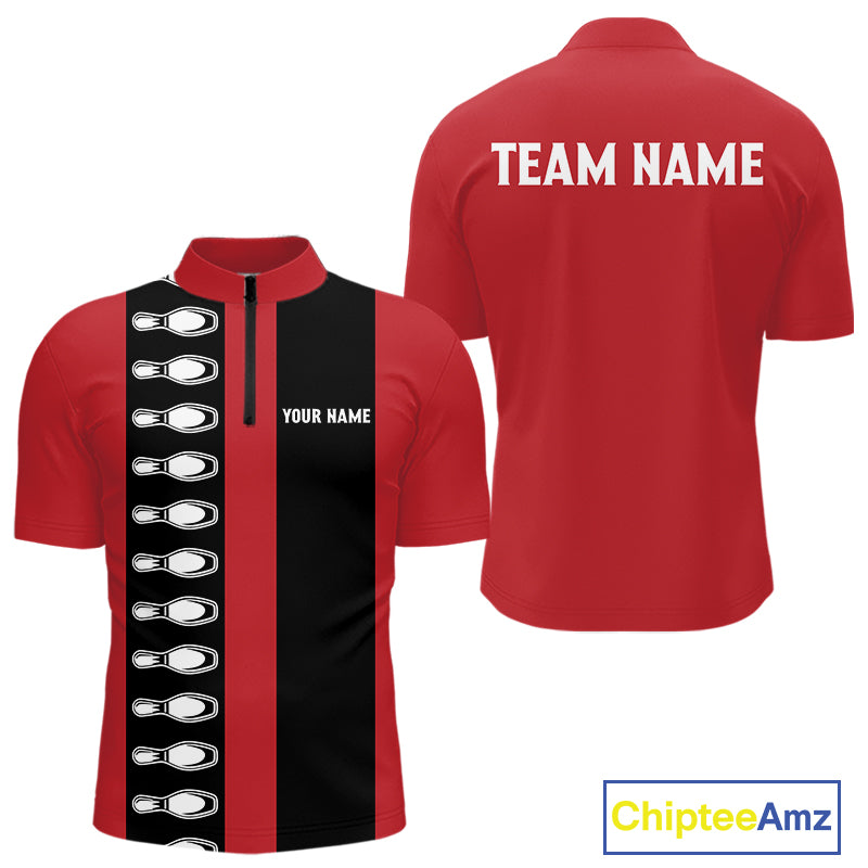 Red and black retro vintage Bowling polo, quarter zip shirts for men custom Bowling team jerseys NQS10385