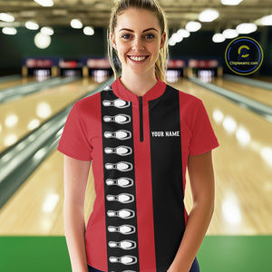 Red and black retro vintage Bowling polo, quarter zip shirts for Women custom Bowling team jerseys NQS10385