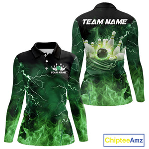 Women bowling shirts Custom green lightning thunder flame Bowling Team Jersey, gift for team Bowlers NQS10388
