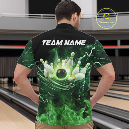 Mens bowling shirts Custom green lightning thunder flame Bowling Team Jersey, gift for team Bowlers NQS10388