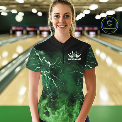 Women bowling shirts Custom green lightning thunder flame Bowling Team Jersey, gift for team Bowlers NQS10388
