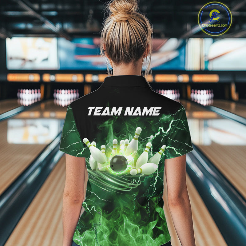 Women bowling shirts Custom green lightning thunder flame Bowling Team Jersey, gift for team Bowlers NQS10388