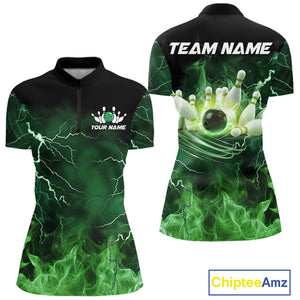 Women bowling shirts Custom green lightning thunder flame Bowling Team Jersey, gift for team Bowlers NQS10388