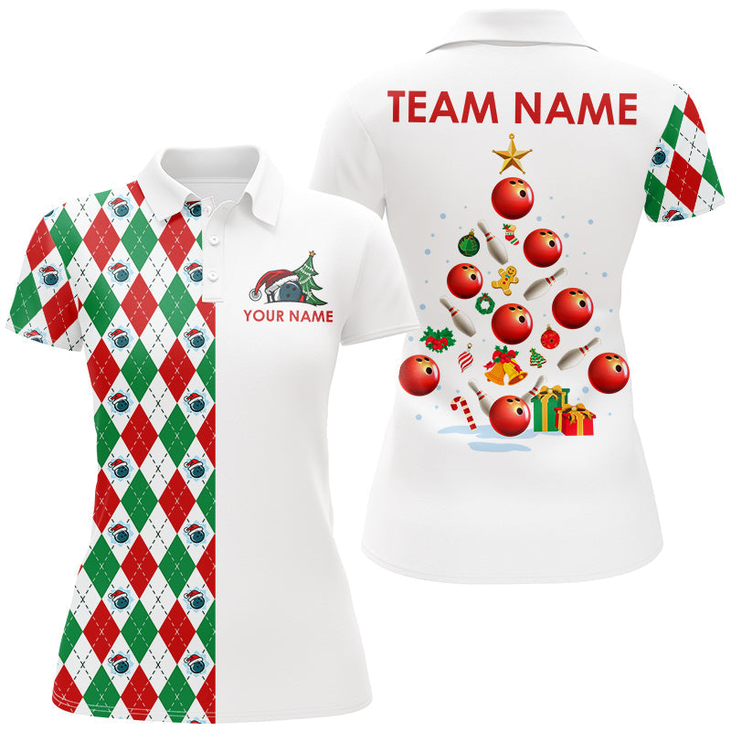 Red, Green and White argyle pattern Christmas tree Bowling Shirts for Women Custom Team Bowling jersey NQS8875