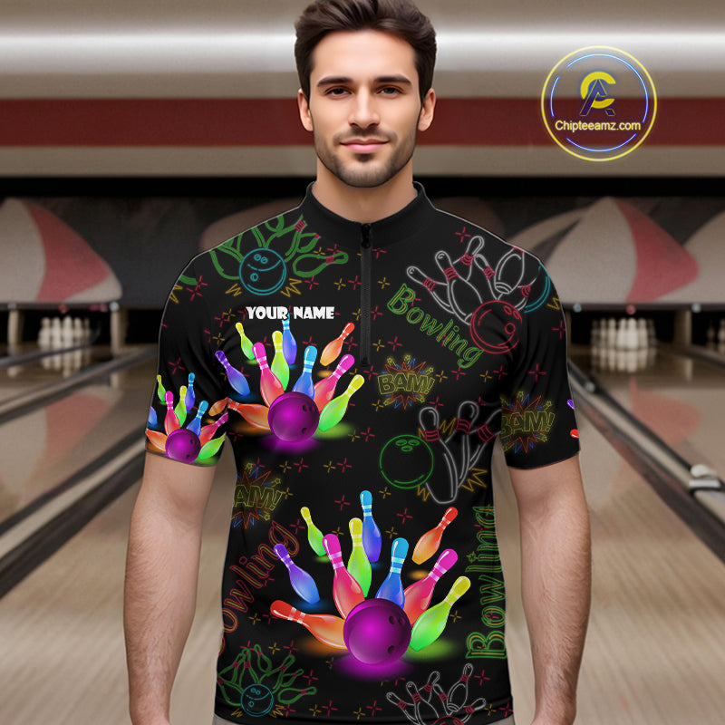 Colorful Neon Bowling shirts for men custom black bowling shirts, team bowling jerseys men NQS10984