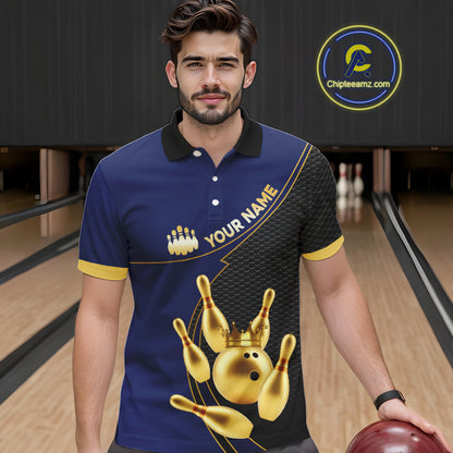 Blue and Gold Bowling shirts for men Custom Team Bowling Polo, 1/4 zip Shirt bowlers Outfit NQS10986